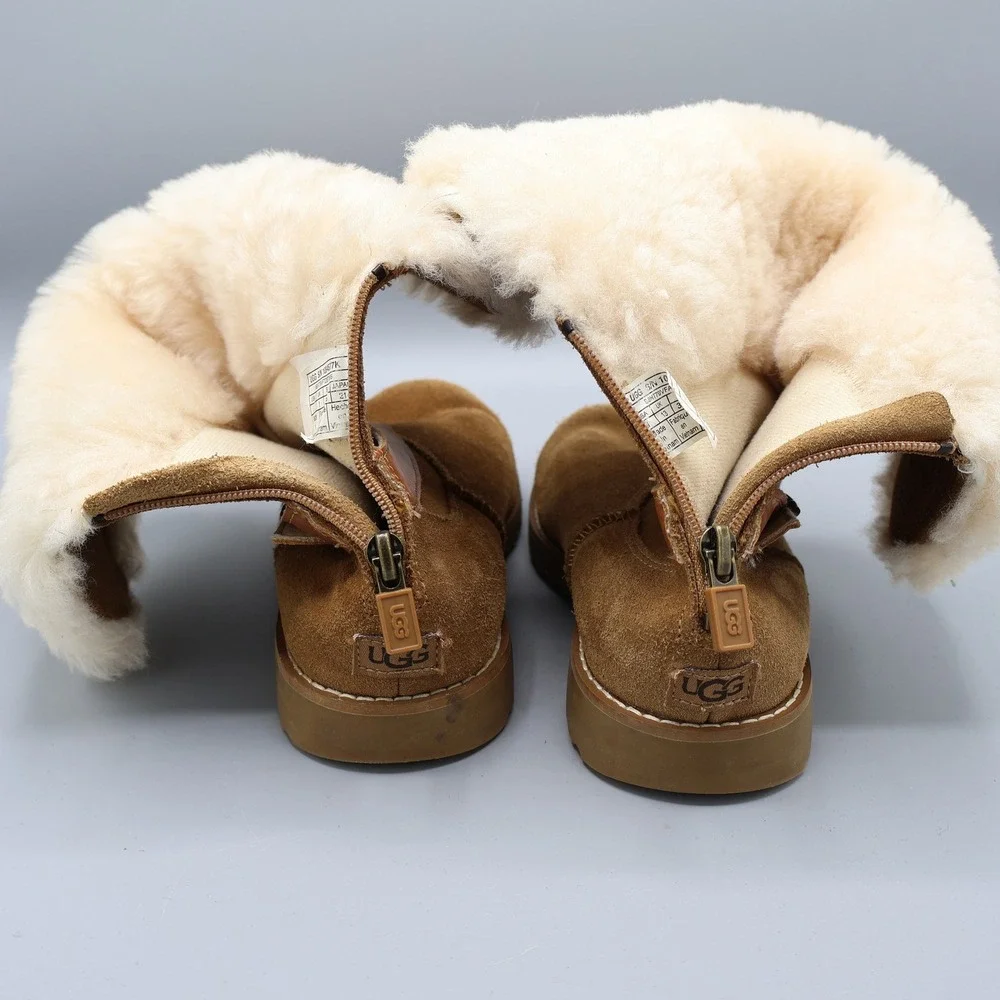 UGG Nessa Shearling Chestnut Suede Boots‎ Kids Size 1 Buckle Zip Warm Boho